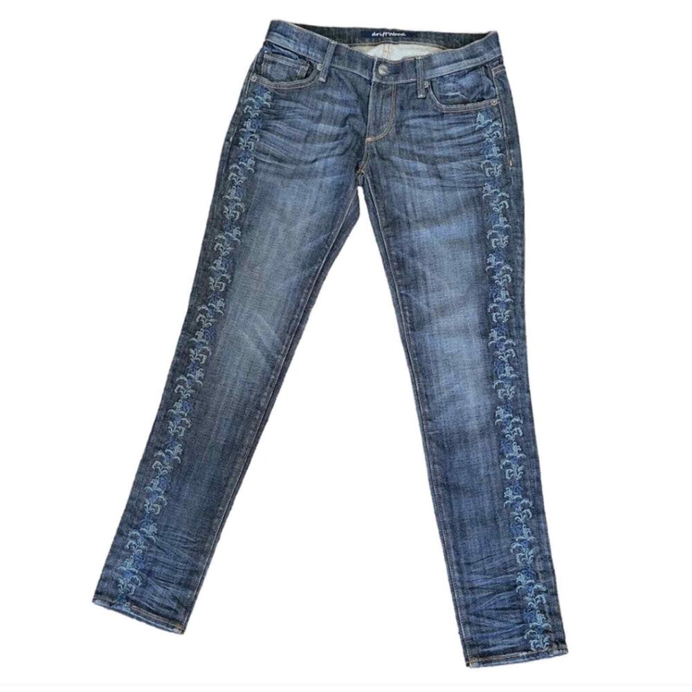 Driftwood Abstract Leaf Floral Embroidered Skinny Blue Slim Cropped Jeans 27